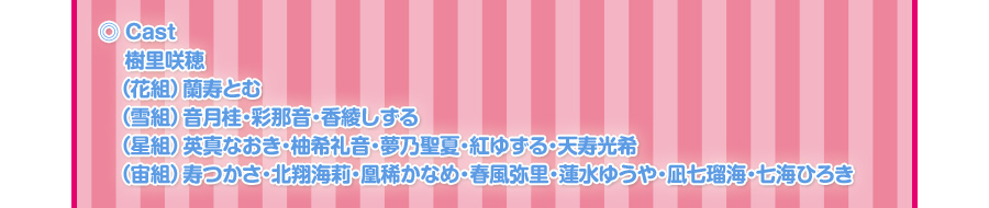 �� Cast�@�@
�������@
�i�ԑg�j�����Ƃށ@
�i��g�j�����j�E�ʓ߉��E����������
�i���g�j�p�^�Ȃ����E�M��特�E���T���āE�g�䂸��E�V������
�i���g�j�������E�k�ĊC仁E���H���Ȃ߁E�t���헢�E�@���䂤��E�⎵�ڊC�E���C�Ђ낫