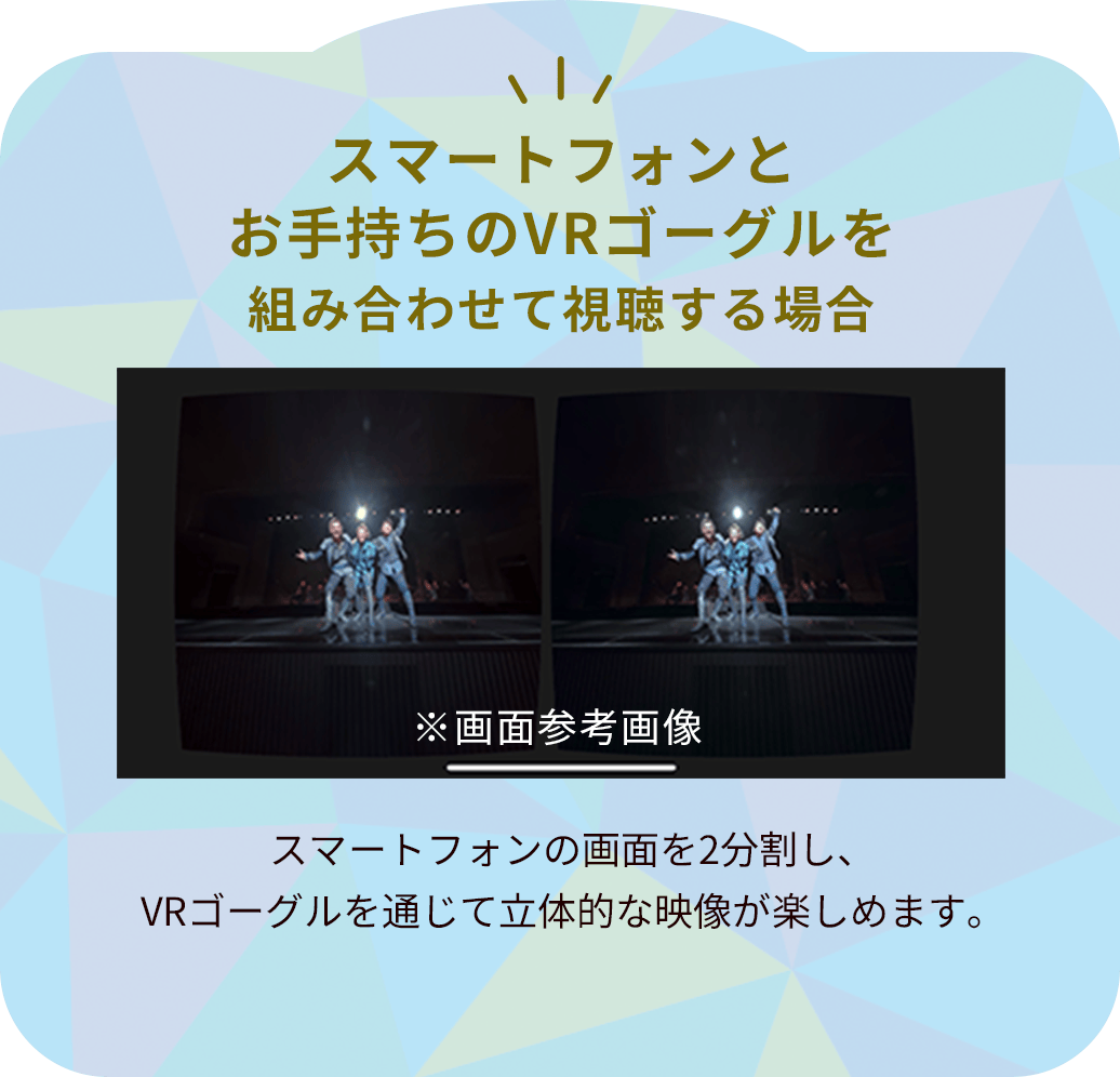 スマートフォンとお手持ちのVRゴーグルを組み合わせて視聴する場合：スマートフォンの画面を2分割し、VRゴーグルを通じて立体的な映像が楽しめます。